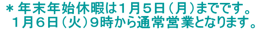 ＊年末年始休暇は１月５日（月）までです。 　１月６日（火）９時から通常営業となります。